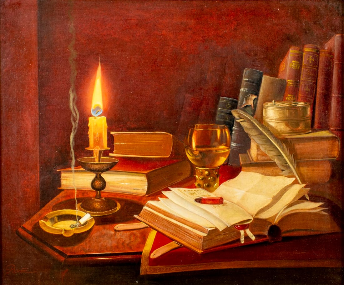 K Ruge (Europe,1910-?) oil painting: ARTIST: K Ruge (European, 1910 - ???) TITLE: Still Life with Candle and Books MEDIUM: oil on canvas CONDITION: Few minor paint losses. No visible inpaint under UV light. W