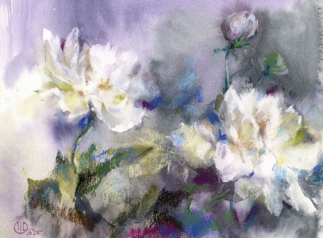Olena Horbenko (Ukraine,20/21C) pastel painting: ARTIST: Olena Horbenko (Ukrainian, 20/21 centuries) TITLE: Still Life with Peonies MEDIUM: pastel on heavy paper CONDITION: Very good. ART SIZE: 12 x 16