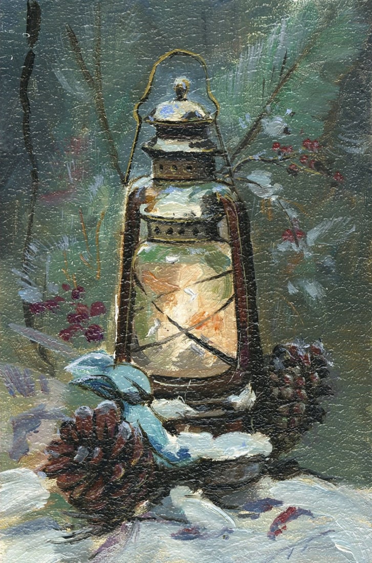 Sergey Kozachkin (Ukraine,b 1965) oil painting: ARTIST: Sergey Vasilievich Kozachkin (Ukraine, born 1965) TITLE: Still Life with Lantern and Pine Cones MEDIUM: oil on board CONDITION: Very good. No visible inpaint under U