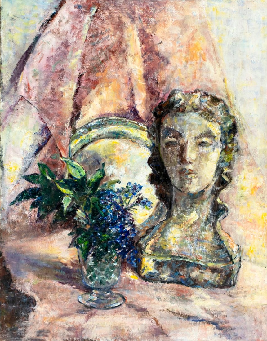 Blanche Rothschild (NY,1893-1988) oil painting: ARTIST: Blanche Rothschild (New York, 1893 - 1988) TITLE: Still Life with Statue and Vase of Flowers MEDIUM: oil on canvas CONDITION: Few small scratches/paint losses most