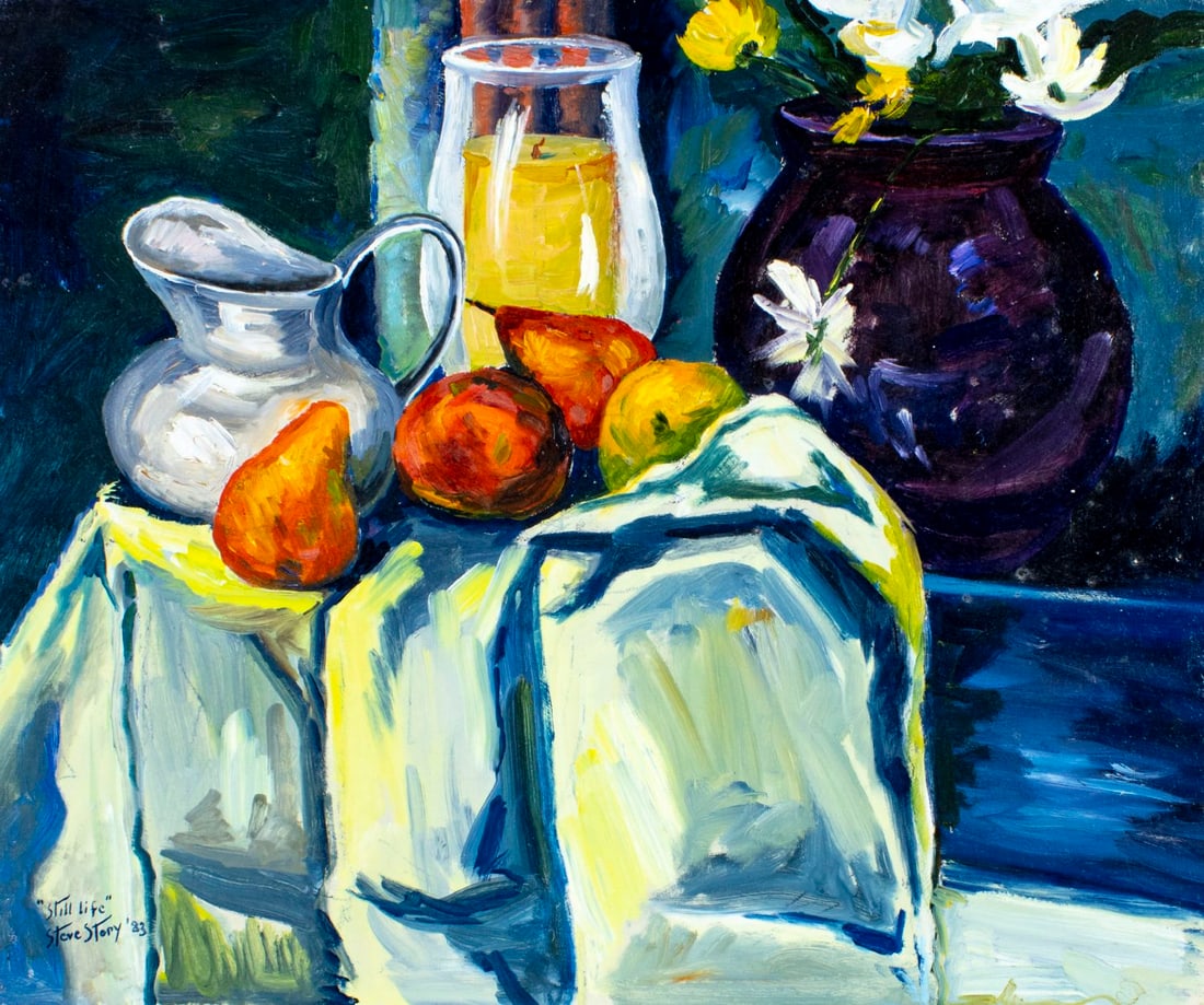 Stephen Story (NY,1915-1988) oil painting: ARTIST: Stephen S Story (New York, 1915 - 1988) TITLE: Still Life YEAR: 1983 MEDIUM: oil on board CONDITION: Missing a few flakes of paint. No visible