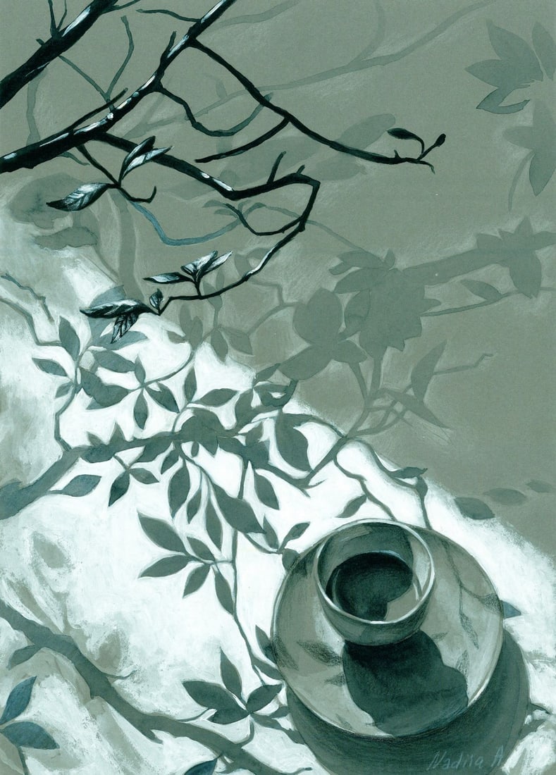 Nadiia Afanasyenko (Ukraine,20/21C) acrylic painting: ARTIST: Nadiia Afanasyenko (Ukraine, 20/21 centuries) TITLE: Still Life with Cup MEDIUM: acrylic on heavy paper CONDITION: Very good. ART SIZE: 12 x 8 in