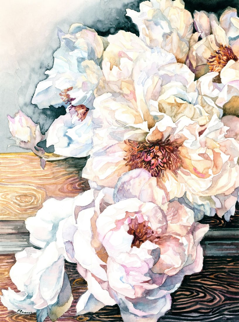 Galina Simchich (Ukraine,20/21C) watercolor painting: ARTIST: Galina Simchich (Ukrainian, 20/21 centuries) TITLE: Still Life with Peonies MEDIUM: watercolor on heavy paper CONDITION: Very good. ART SIZE: 16