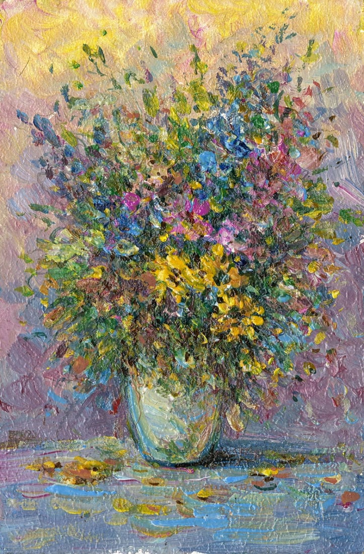 Vadim Kuzmenko (Ukraine,b 1961) oil painting: ARTIST: Vadim Kuzmenko (Ukraine, born 1961) TITLE: Still Life with Vase of Flowers MEDIUM: oil on board CONDITION: Very good. No visible inpaint under UV light. A