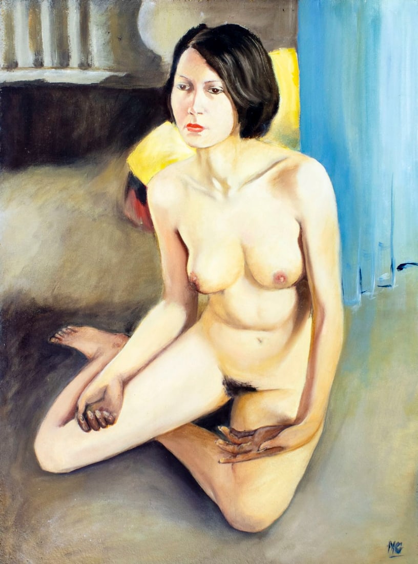 Marc Olivier Gregoire (France,1897-1991) oil painting: ARTIST: Marc Olivier Gregoire (French, 1897 - 1991) TITLE: Seated Nude MEDIUM: oil on board CONDITION: Some damages to edges and corners. Few minor scratches/paint losses.