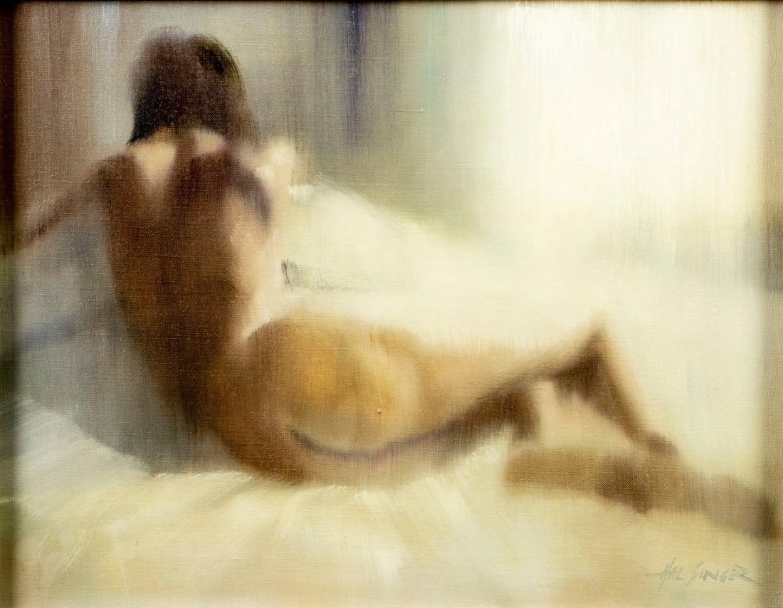 Hal Singer (NY,PA,NJ,1919-2003) oil painting: ARTIST: Hal Singer (New York, Pennsylvania, New Jersey, 1919 - 2003) TITLE: Reclining Nude MEDIUM: oil on canvas CONDITION: Very good. No visible inpaint under UV light.