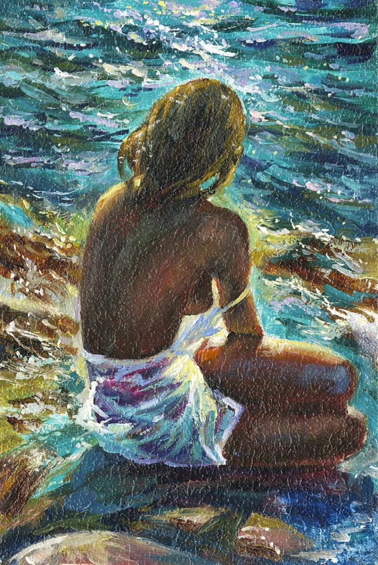 Sergey Kozachkin (Ukraine,b 1965) oil painting: ARTIST: Sergey Vasilievich Kozachkin (Ukraine, born 1965) TITLE: Seated Nude at Water MEDIUM: oil on board CONDITION: Very good. No visible inpaint under UV light.