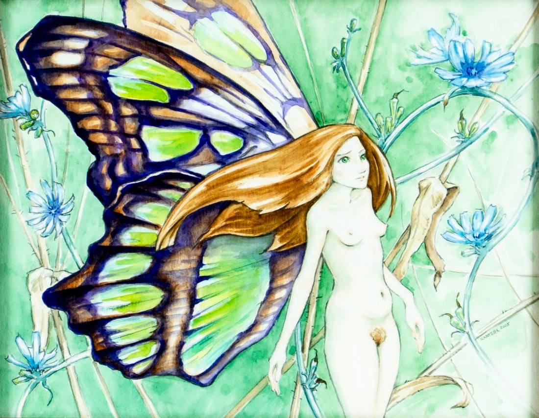 A Santella (US,20/21C) watercolor painting: ARTIST: A Santella (American, 20/21 centuries) TITLE: Nude Pixie YEAR: 2005 MEDIUM: watercolor on paper CONDITION: Very good. Framed under glass. Wear to