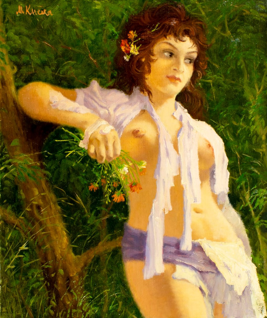 Miroslav Kucera (Czech,1910-?) oil painting: ARTIST: Miroslav Kucera (Czech Republic, 1910 - ???) TITLE: Semi Nude Female MEDIUM: oil on canvas CONDITION: Unstretched (In-House stretching available) (In-House stretch