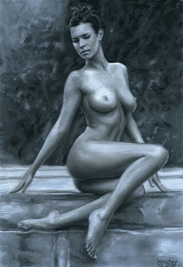 Oleksandr Demichev (Ukraine,20/21C) pastel painting: ARTIST: Oleksandr Demichev (Ukrainian, 20/21 centuries) TITLE: Seated Nude MEDIUM: pastel on heavy paper CONDITION: Very good. ART SIZE: 17 x 12 inches /