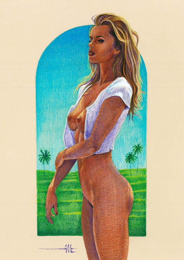 Aleksandr Matushkin (Ukraine,20/21C) colored pencil painting: ARTIST: Aleksandr Matushkin (Ukraine, 20/21 centuries) TITLE: Nude MEDIUM: colored pencil on heavy paper CONDITION: Very good. ART SIZE: 12 x 8 inches /