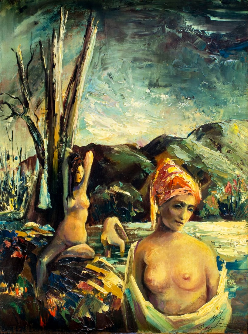 Milo Lee (US,1922-1969) oil painting: ARTIST: Milo Lee (American, 1922 - 1969) TITLE: The Bathers YEAR: 1967 MEDIUM: oil on canvas. Canvas applied to board. CONDITION: Overall good. No visi
