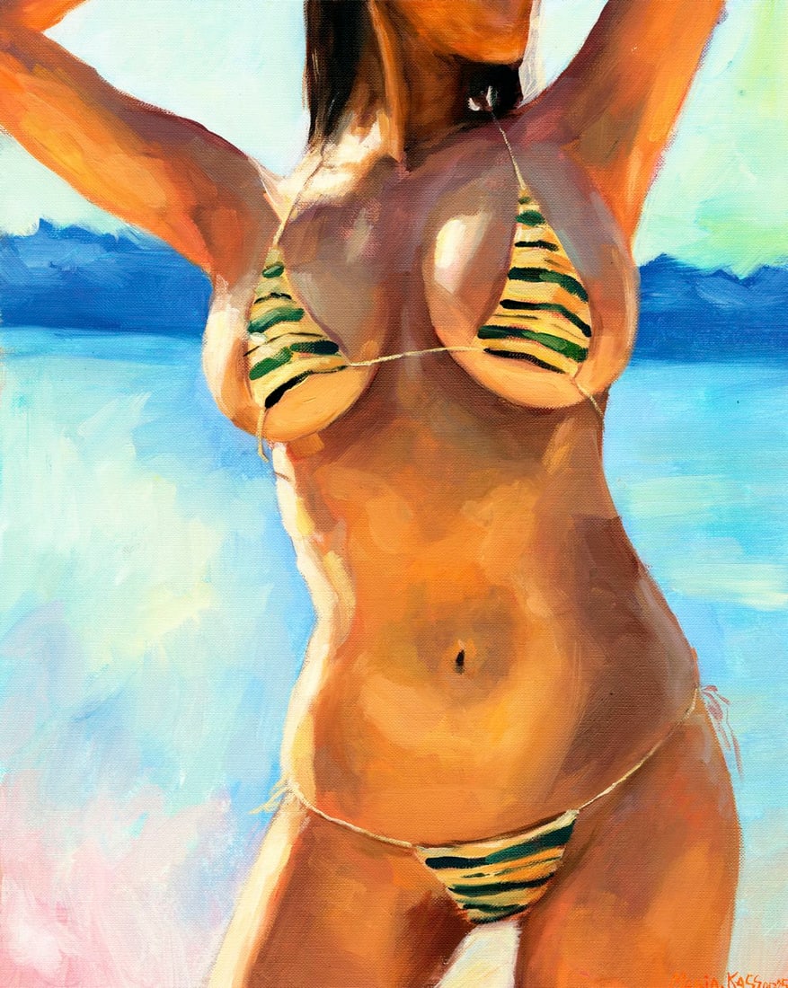 Maria Kasatkina (Ukraine,20/21C) oil painting: ARTIST: Maria Kasatkina (Ukrainian, 20/21 centuries) TITLE: Woman in Bikini MEDIUM: oil on heavy paper CONDITION: Very good. No visible inpaint under UV light. AR