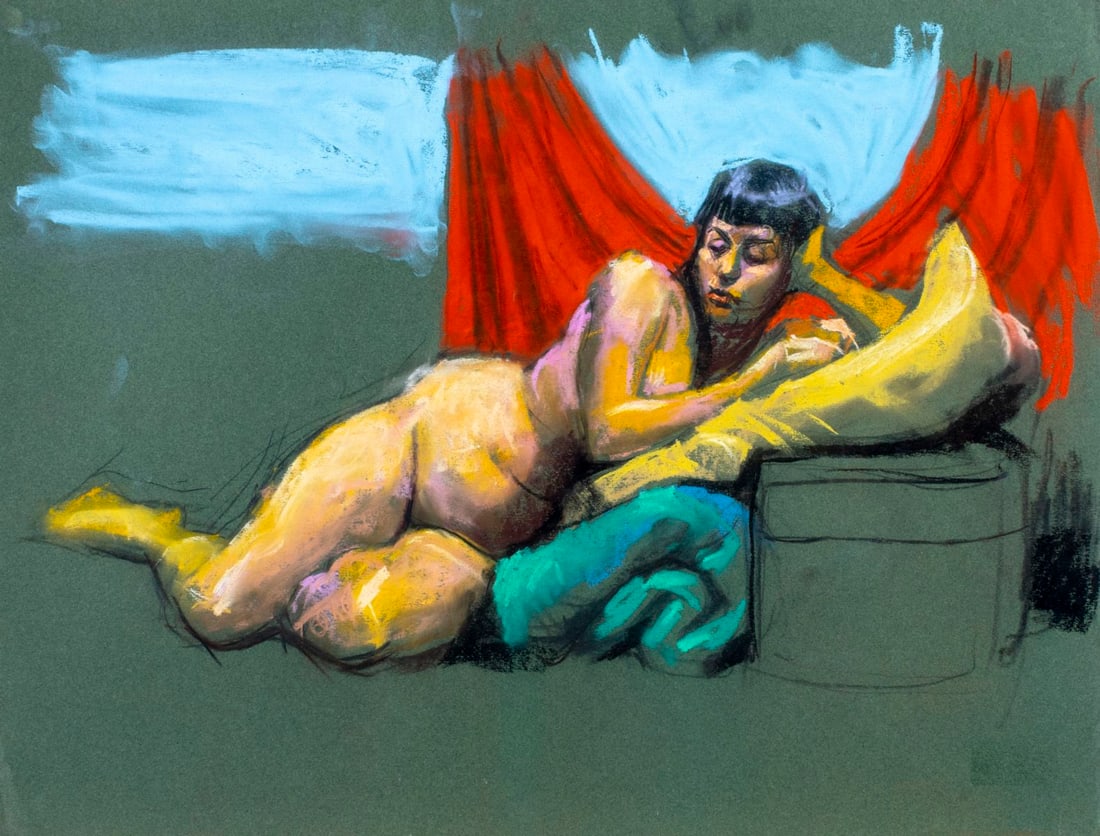 Karl Foster (PA,b 1933) pastel painting: ARTIST: Karl Foster (Pennsylvania, born 1933) TITLE: Reclining Nude MEDIUM: pastel on heavy paper CONDITION: Very good. ART SIZE: 20 x 26 inches / 50 x 6