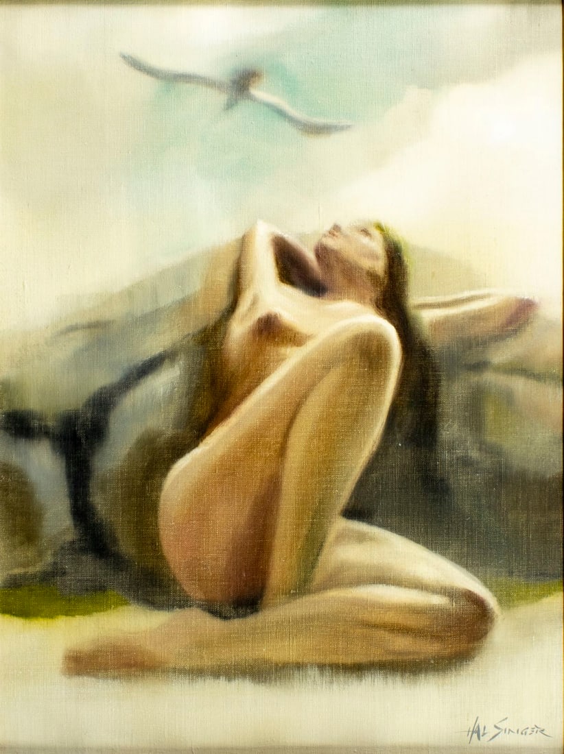 Hal Singer (NY,PA,NJ,1919-2003) oil painting: ARTIST: Hal Singer (New York, Pennsylvania, New Jersey, 1919 - 2003) TITLE: Seated Nude MEDIUM: oil on canvas CONDITION: Few minor paint losses. No visible inpaint under UV