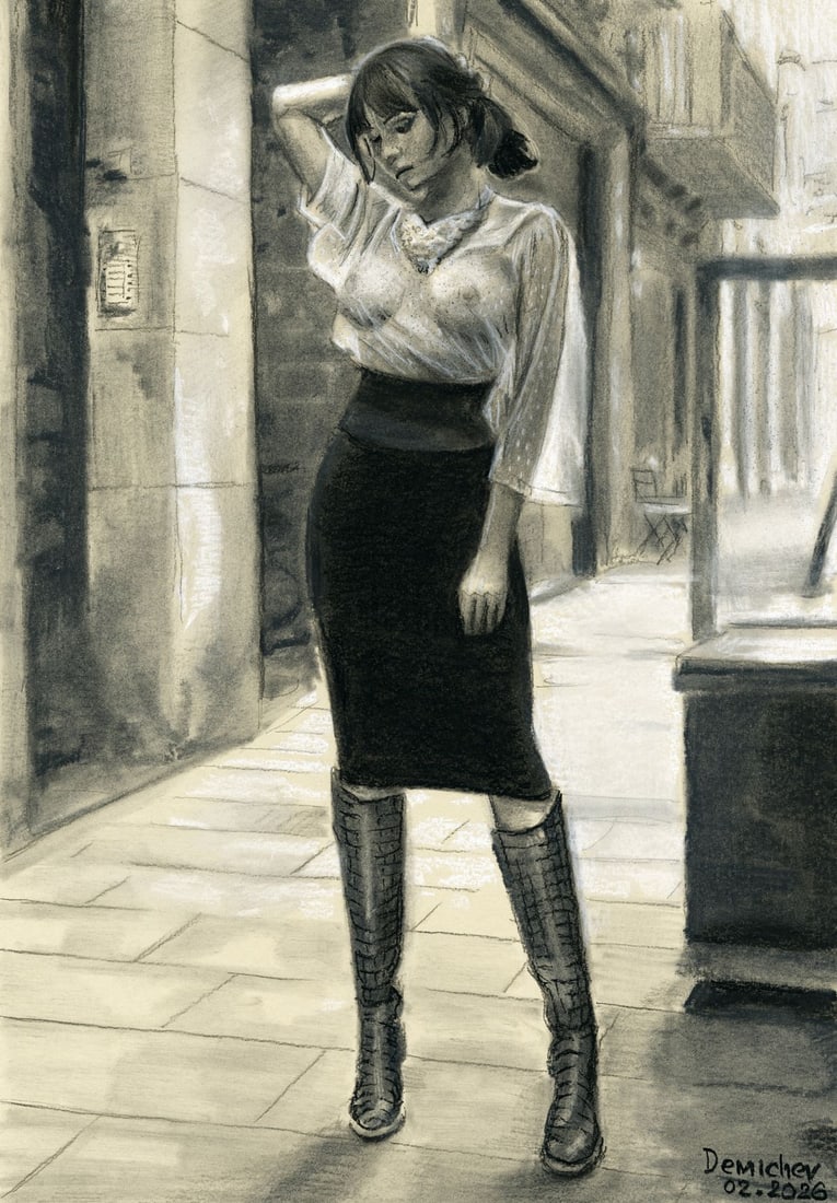 Oleksandr Demichev (Ukraine,20/21C) pastel painting: ARTIST: Oleksandr Demichev (Ukrainian, 20/21 centuries) TITLE: Woman in Skirt and Boots MEDIUM: pastel on heavy paper CONDITION: Very good. ART SIZE: 17