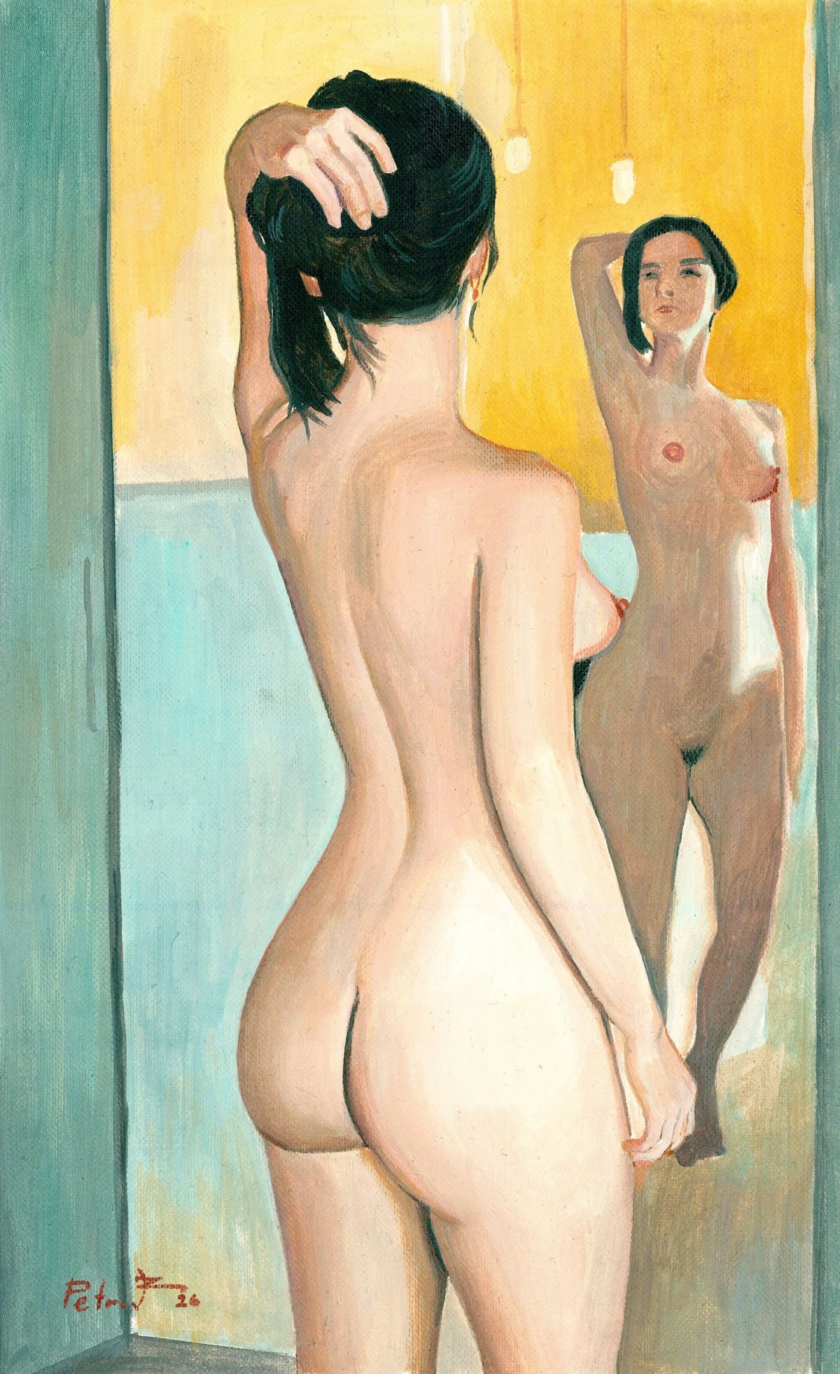 Zoriana Petriv (Ukraine,b 1994) oil painting: ARTIST: Zoriana Petriv (Ukrainian, born 1994) TITLE: Nude Girl Near the Mirror (titled on verso) MEDIUM: oil on heavy paper CONDITION: Very good. No visible inpaint under UV