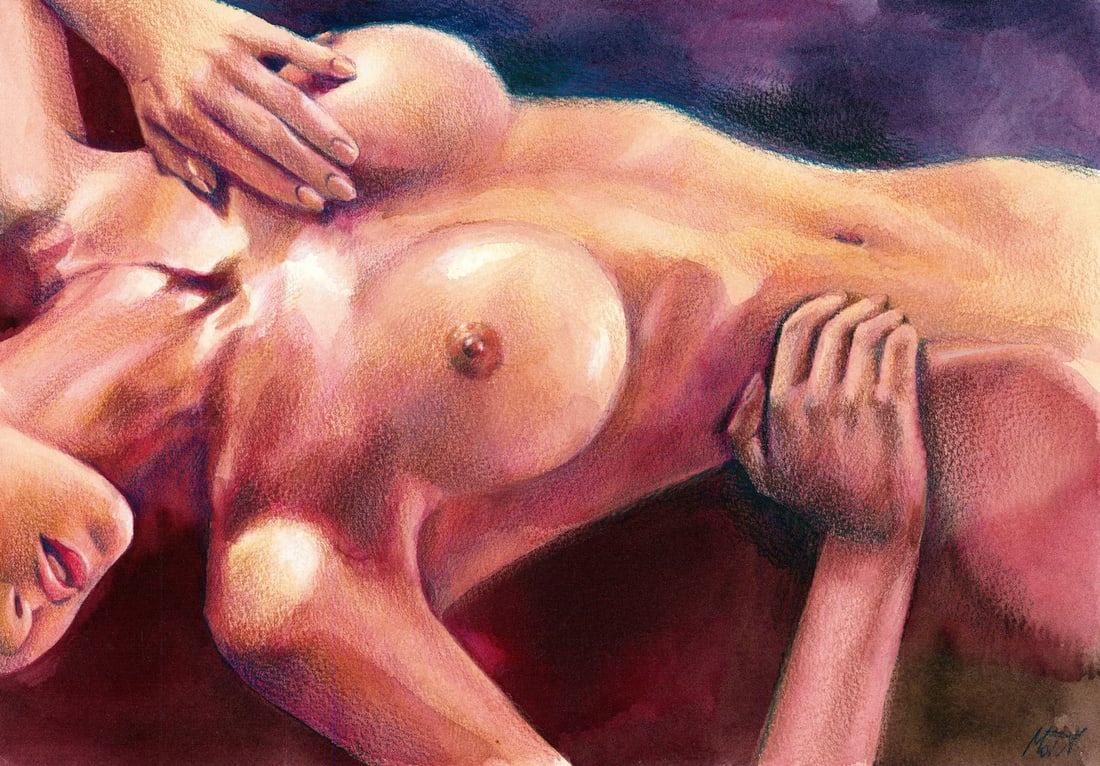 Tatiana Moiseenko (Ukraine,b 1997) watercolor painting: ARTIST: Tatiana Moiseenko (Ukraine, born 1997) TITLE: Reclining Nude MEDIUM: watercolor on heavy paper CONDITION: Very good. No visible inpaint under UV light. AR
