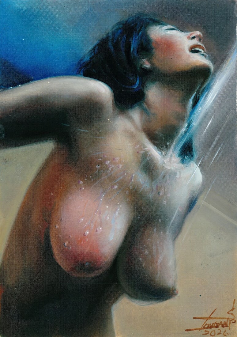 Sergey Dovgan (Ukraine,b 1976) oil painting: ARTIST: Sergey Dovgan (Ukrainian, born 1976) TITLE: Nude in Shower MEDIUM: oil on heavy paper CONDITION: Very good. No visible inpaint under UV light. ART SIZE:</