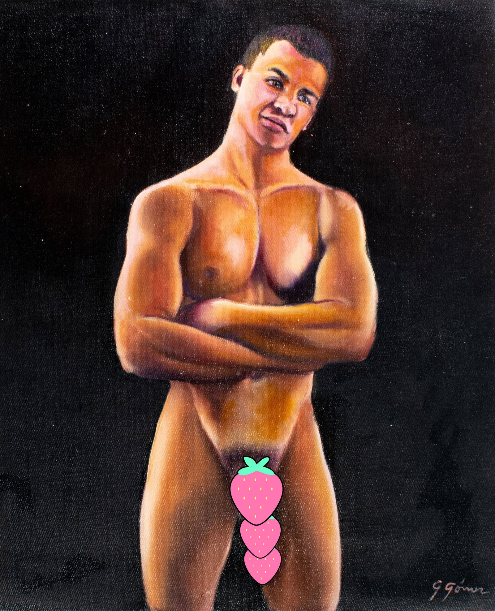 Gustavo Gomez (Colombia,FL,b 1956) oil painting: ARTIST: Gustavo Alonso Gomez (Colombian, Florida, b 1956) TITLE: Male Nude MEDIUM: oil on canvas CONDITION: Unstretched (In-House stretching available). Few minor paint loss