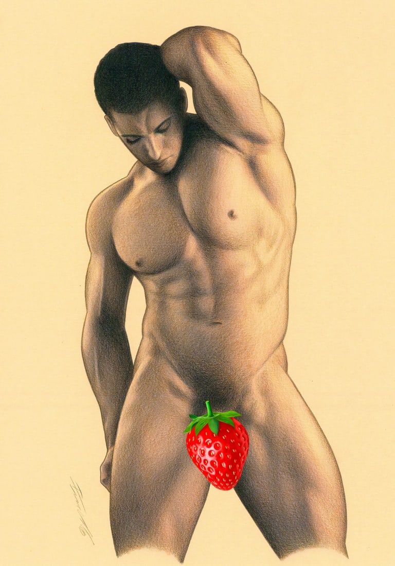 Rene Prudlo (German,b 1974) colored pencil painting: ARTIST: Rene Prudlo (Germany, born 1974) TITLE: Male Nude MEDIUM: colored pencil on heavy paper CONDITION: Very good. ART SIZE: 12 x 8 inches / 30 x 20 c