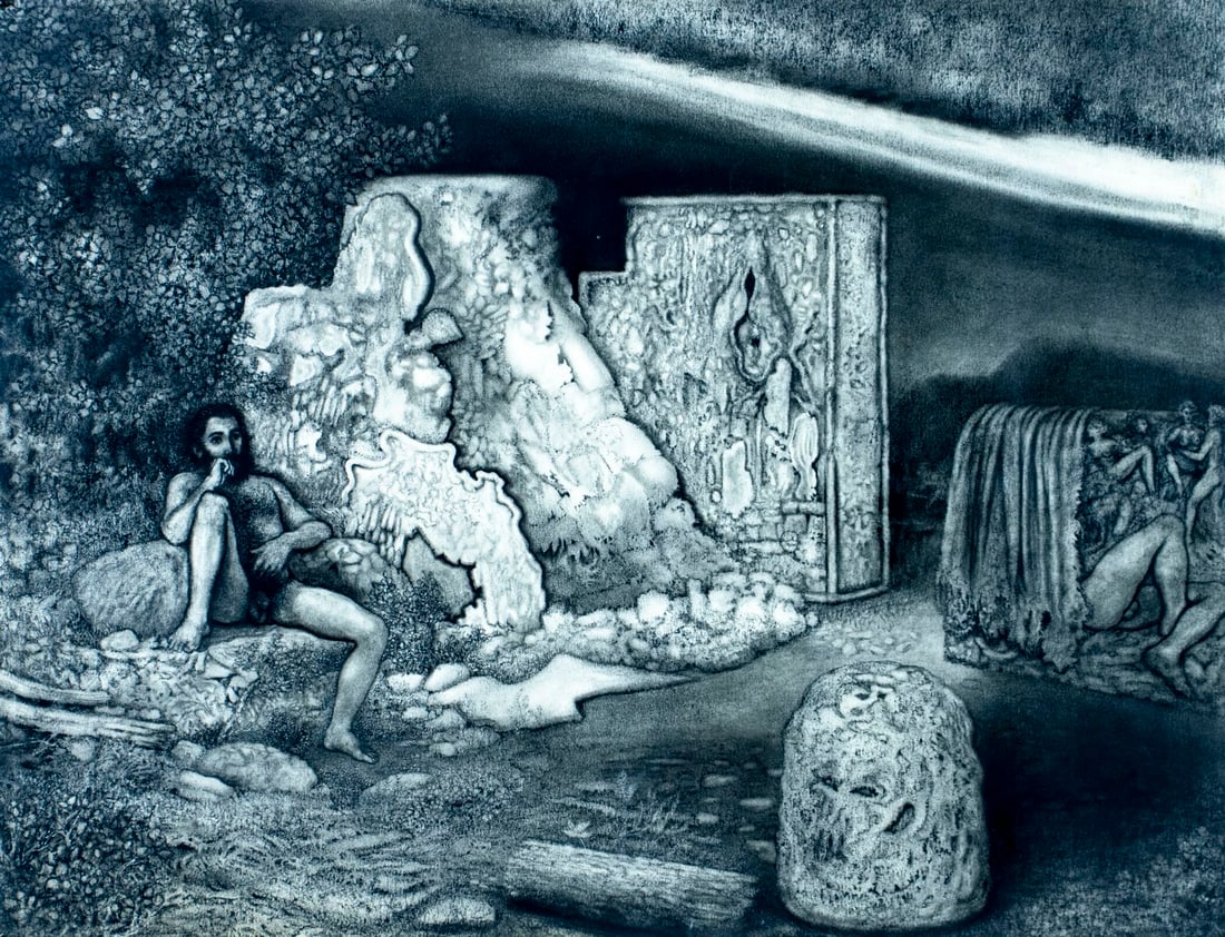 Stephen Curtis (US,20C) watercolor painting: ARTIST: Stephen Curtis (American, 20 century) TITLE: Philosopher Seated amidst Ruins (titled on verso) YEAR: 1980s MEDIUM: watercolor on paper CONDITION: