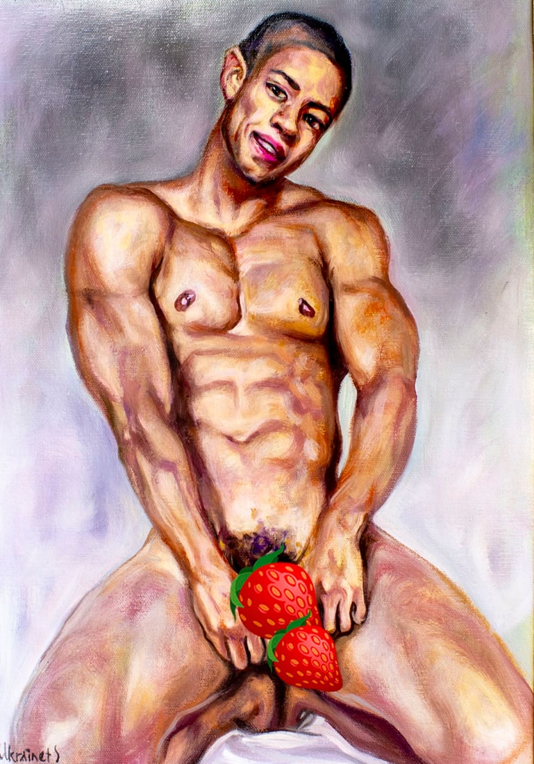 Valentin Ukrainets (Ukraine,b 1965) oil painting: ARTIST: Valentin Ukrainets (Ukrainian, born 1965) TITLE: Male Nude - Cheerful Strongman (titled on verso) MEDIUM: oil on canvas CONDITION: Unstretched (In-House stretching a