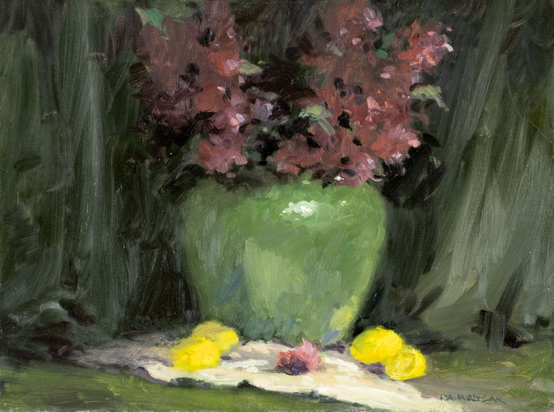 Robert Waltsak (NJ,b 1944) oil painting: ARTIST: Robert Alan Waltsak (New Jersey, born 1944) TITLE: Still Life with Vase of Flowers and Lemons MEDIUM: oil on canvas CONDITION: Missing a few flakes of paint. No visi