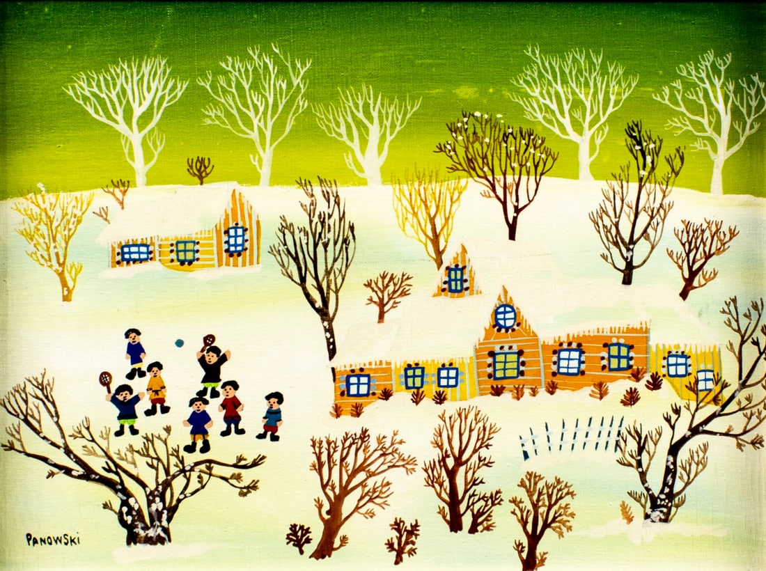 Panowski (Europe,20C) oil painting: ARTIST: Panowski (European, 20 century) TITLE: Winter Village Landscape MEDIUM: oil on canvas CONDITION: Few minor scratches/paint losses. Some craquelure. No visible inpain