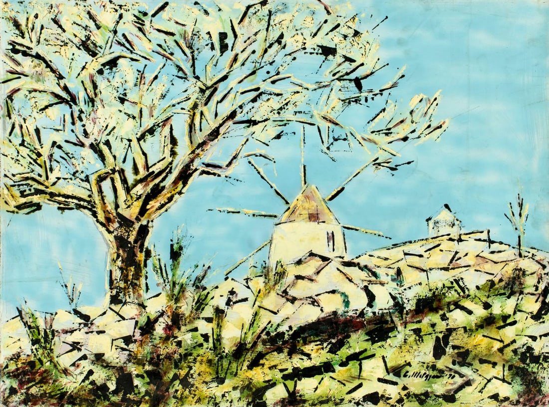 Evelyn Metzger (NY,Brazil,1911-2007) oil painting: ARTIST: Evelyn Borchard Metzger (New York, Brazilian, 1911 - 2007) TITLE: Algarve Windmill, Portugal (titled on verso) YEAR: 1990 MEDIUM: oil on board CONDITION