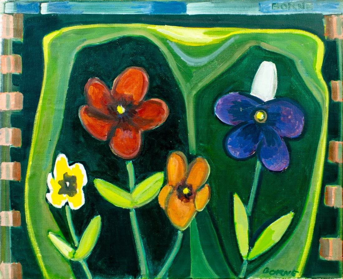 Mortimer Borne (NY,Poland,1902-1987) oil painting: ARTIST: Mortimer Borne (New York, Polish, 1902 - 1987) TITLE: Pansies (titled on verso) YEAR: 1986 MEDIUM: oil on canvas CONDITION: Few minor scratches/p
