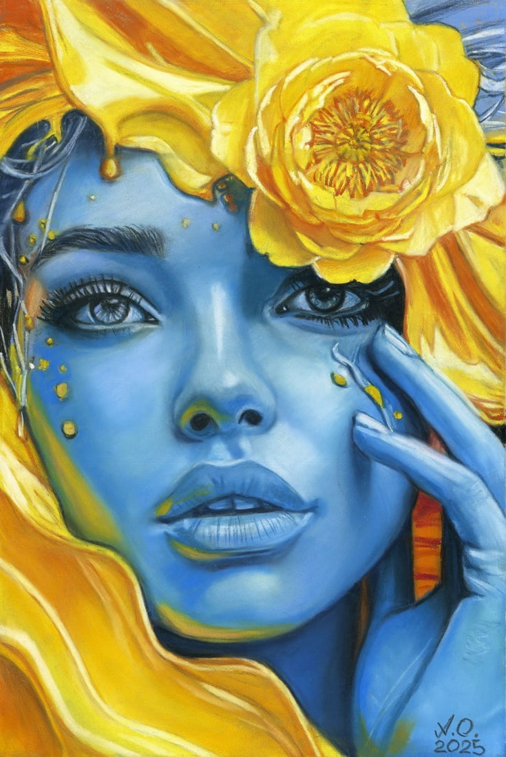 Oleksandr Achkasov (Ukraine,b 1965) pastel painting: ARTIST: Oleksandr Achkasov (Ukrainian, born 1965) TITLE: Portrait of Woman with Flower MEDIUM: pastel on heavy paper CONDITION: Very good. ART SIZE: 12 x
