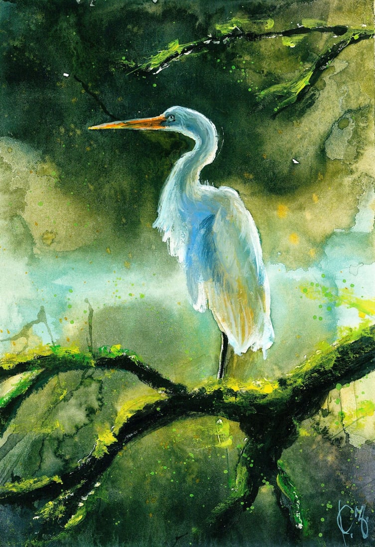 Katerina Zavgorodnya (Ukraine,20/21C) watercolor painting: ARTIST: Katerina Zavgorodnya (Ukraine, 20/21 centuries) TITLE: Egret Bird MEDIUM: watercolor on heavy paper CONDITION: Very good. ART SIZE: 8 x 6 inches