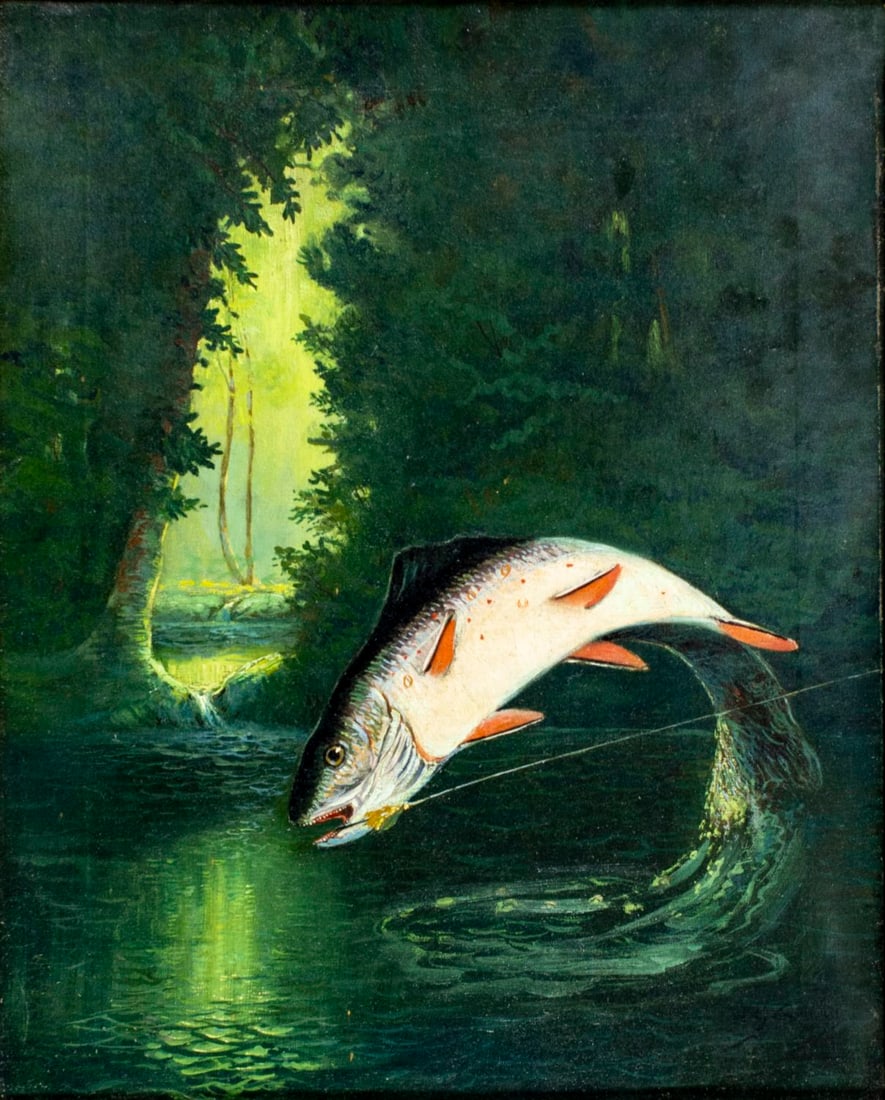 William J Gurry (US,19/20C) oil painting: ARTIST: William J Gurry (American, 19/20 centuries) TITLE: Jumping Steelhead Trout Fish MEDIUM: oil on canvas CONDITION: Some small paint losses mostly along the right edge