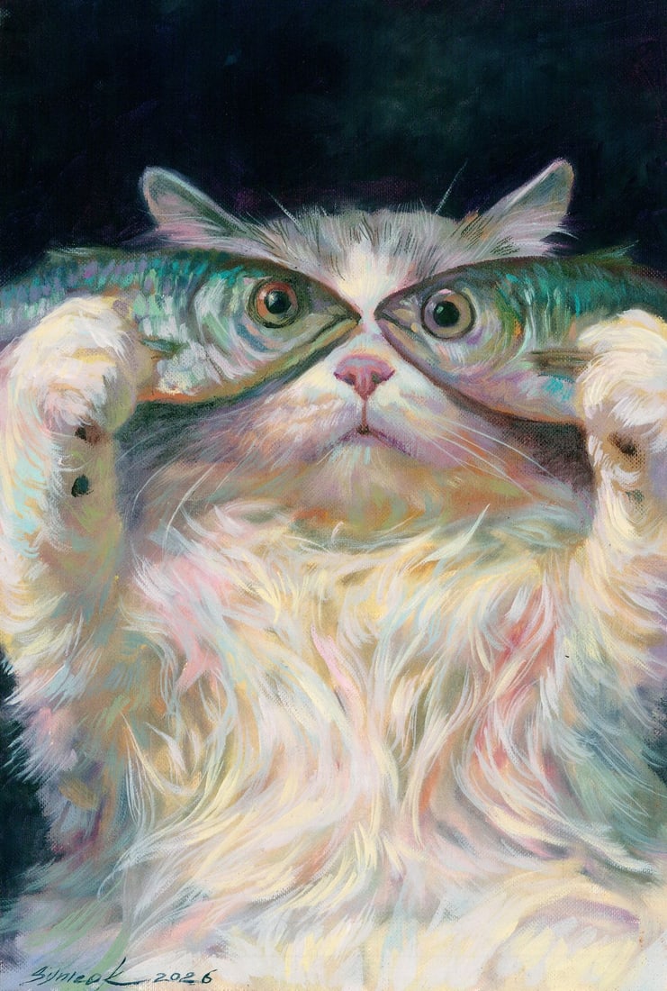 Tatiana Synieok (Ukraine,20/21C) oil painting: ARTIST: Tatiana Synieok (Ukraine, 20/21 centuries) TITLE: Cat with Fish MEDIUM: oil on heavy paper CONDITION: Very good. No visible inpaint under UV light. ART SI