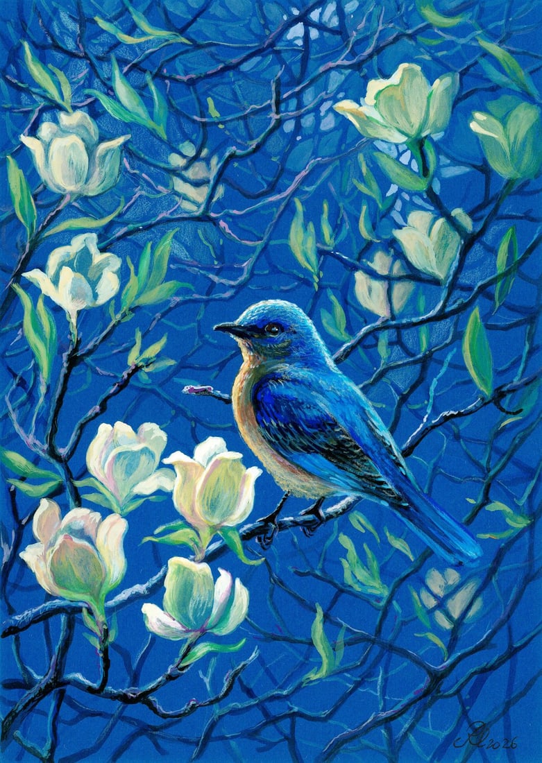 Lyudmila Rudenko (Ukraine,20/21C) mixed media painting: ARTIST: Lyudmila Rudenko (Ukraine, 20/21 centuries) TITLE: Blue Bird on Branch MEDIUM: mixed media on heavy paper CONDITION: Very good. ART SIZE: 12 x 8