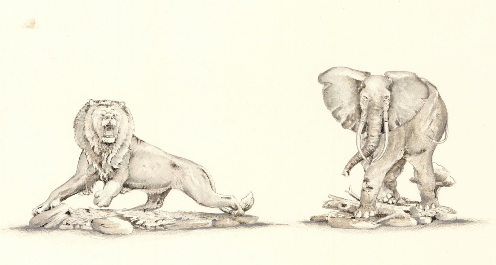 George McMonigle (PA,Hawaii,b 1951) watercolor painting: ARTIST: George McMonigle (Pennsylvania, Hawaii, born 1951) TITLE: African Wildlife - Lion and Elephant YEAR: 1980s MEDIUM: watercolor on board CONDITION: