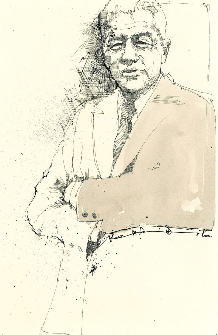 Kenneth Francis Dewey (AZ,1940-?) ink painting: ARTIST: Kenneth Francis Dewey (Arizona, 1940 - ???) TITLE: Illustration - Portrait of Man YEAR: 1980s MEDIUM: ink on paper. Paper applied to board. CONDITION: