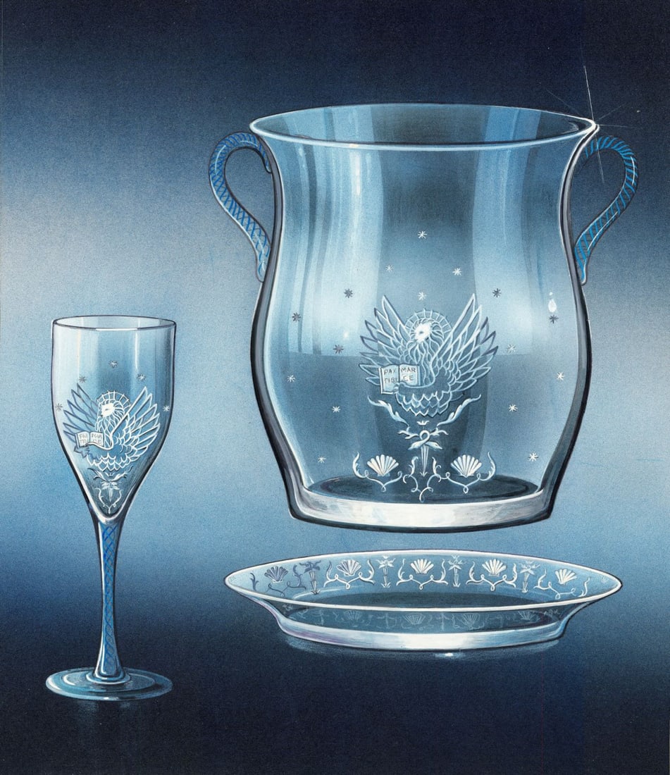 Loretta Moskal (NC,20/21C) mixed media painting: ARTIST: Loretta Moskal (North Carolina, 20/21 centuries) TITLE: Glass Dishes YEAR: 1983 MEDIUM: mixed media on board CONDITION: Minor scratches/paint los