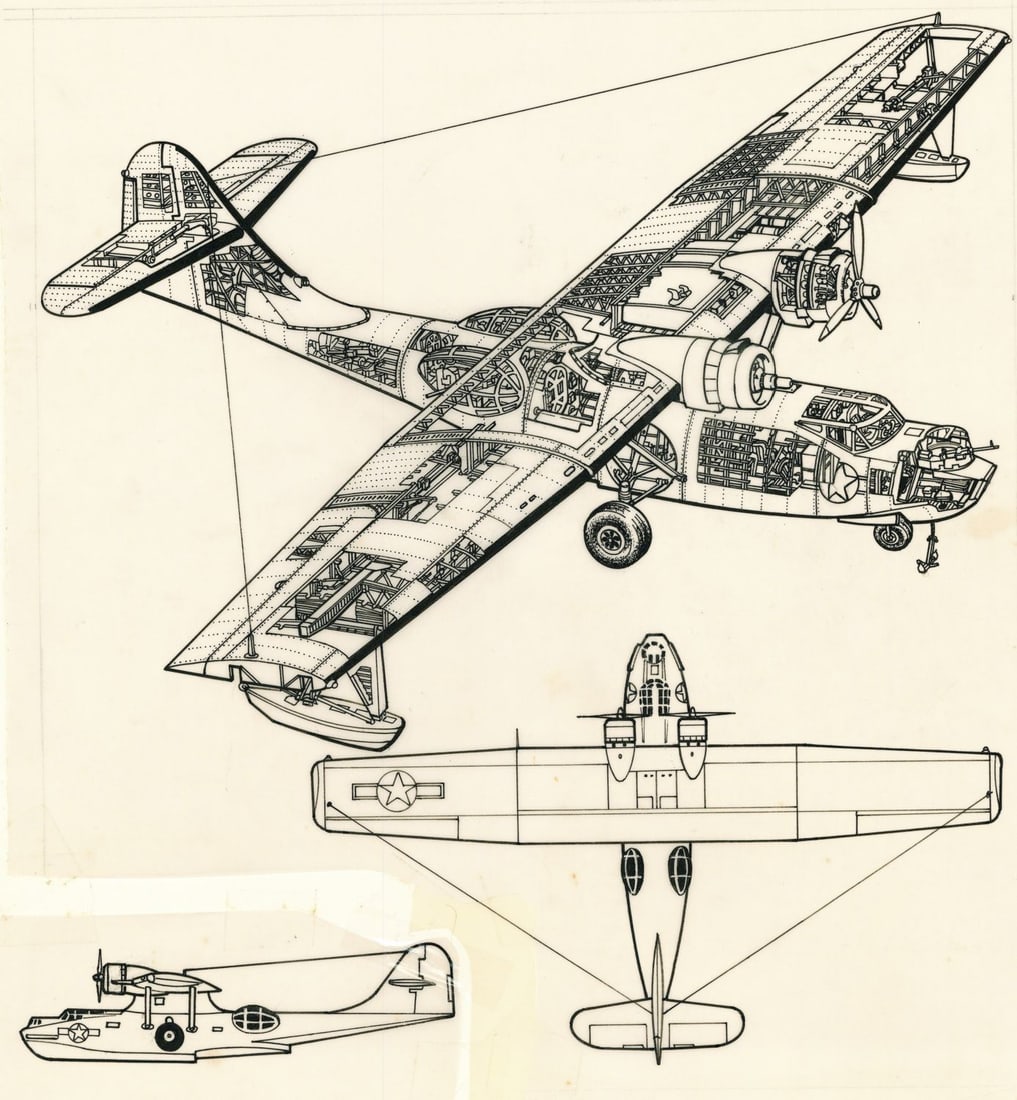 John Batchelor (UK,1936-2019) ink painting: ARTIST: John Henry Batchelor (United Kingdom, 1936 - 2019) TITLE: PBY-5 Catalina Plane YEAR: 1985 MEDIUM: ink on paper. Paper applied to board. CONDITION: