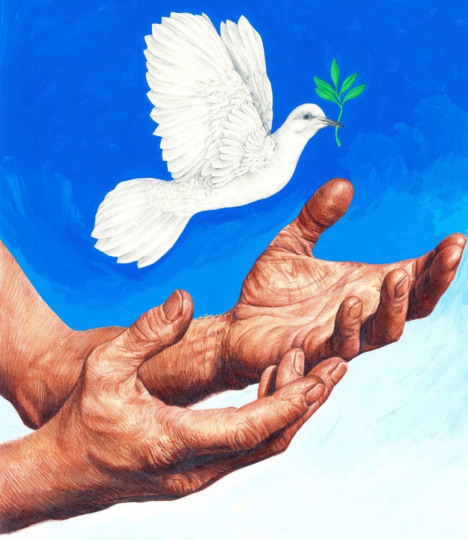 Chris Calle (CT,b 1961) gouache painting: ARTIST: Chris Calle (Connecticut, born 1961) TITLE: Dove Bird - Symbol of Peace (titled on verso) YEAR: 1995 MEDIUM: gouache on board CONDITION: Few mino