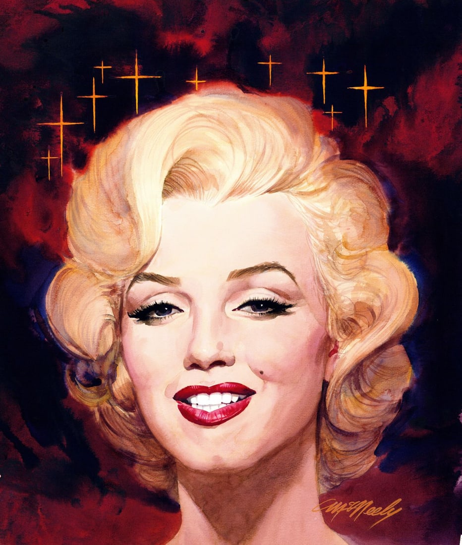 Tom McNeely (Canada,1935-?) watercolor painting: ARTIST: Tom McNeely (Canadian, 1935 - ???) TITLE: Portrait of Marilyn Monroe (titled on verso) YEAR: 1995 MEDIUM: watercolor on paper. Paper applied to board. CON