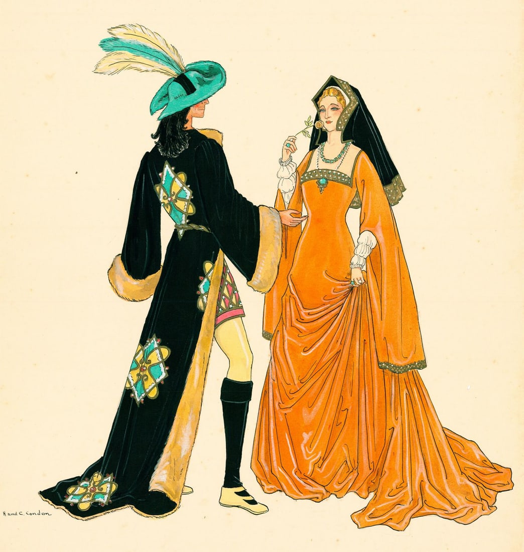 Hamilton Condon (US,Bahamas,early 20C) watercolor painting antique: ARTIST: Hamilton and Clarissa Condon (American, Bahamas, early 20 century) TITLE: Costumes, England 1500, Upper Classes MEDIUM: watercolor on paper CONDITION: Some crumpling