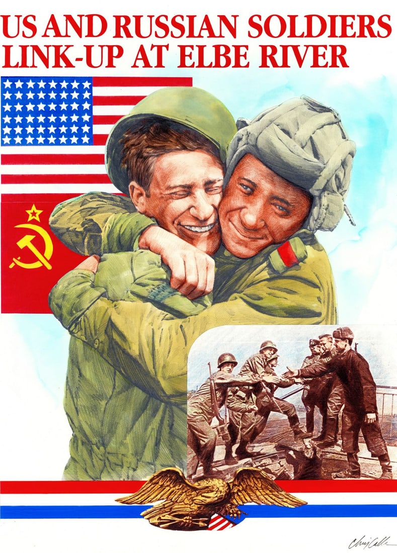 Chris Calle (CT,b 1961) mixed media painting: ARTIST: Chris Calle (Connecticut, born 1961) TITLE: WWII - Russian Troops at Elbe River (titled on verso) YEAR: 1995 MEDIUM: mixed media on board CONDITION: