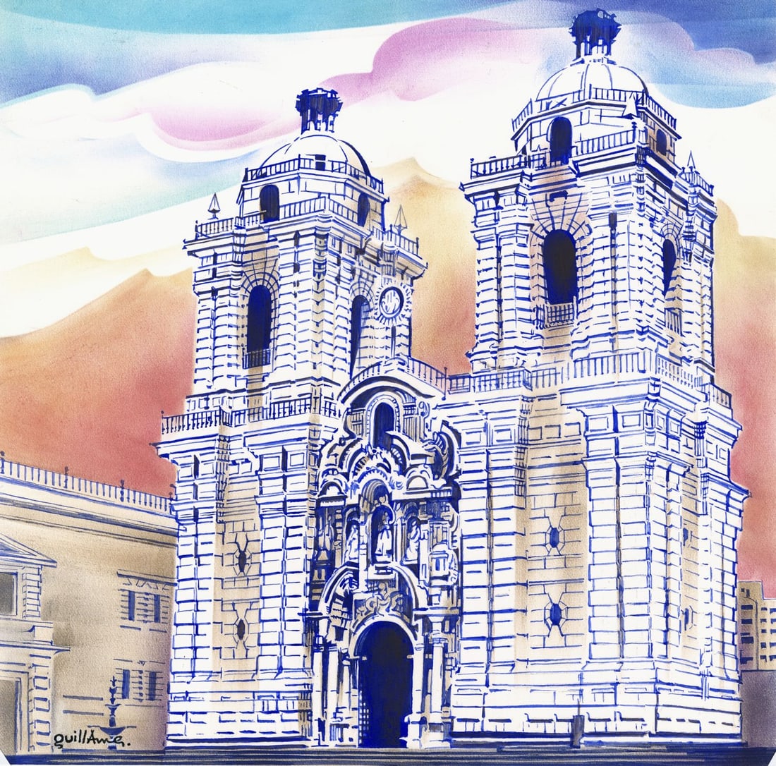 Cecile Guillame (France,1933-2004) mixed media painting: ARTIST: Cecile Guillame (French, 1933 - 2004) TITLE: Unesco - San Francisco de Lima, Peru (titled on verso) YEAR: 1990 MEDIUM: mixed media on paper. Paper applied to board