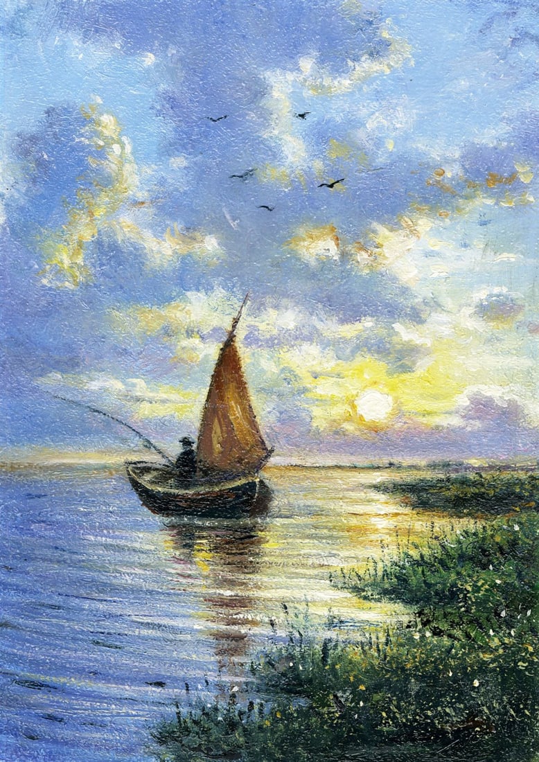 Vladimir Fenot (Ukraine,b 1970) oil painting: ARTIST: Vladimir Mikhailovich Fenot (Ukraine, born 1970) TITLE: Sunset Lake Landscape with Boat MEDIUM: oil on board CONDITION: Very good. No visible inpaint under UV light.