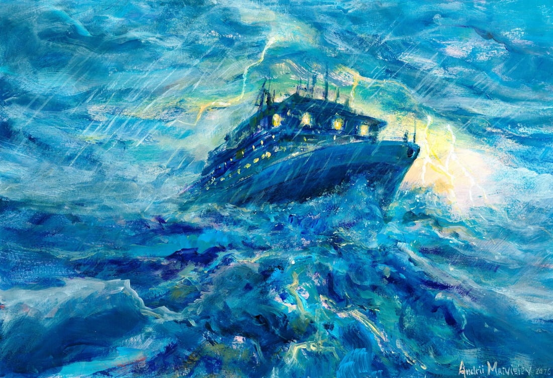 Andriy Matveiev (Ukraine,b 1988) oil painting: ARTIST: Andriy Matveiev (Ukraine, born 1988) TITLE: Stormy Seascape with Ship MEDIUM: oil on heavy paper CONDITION: Very good. No visible inpaint under UV light.