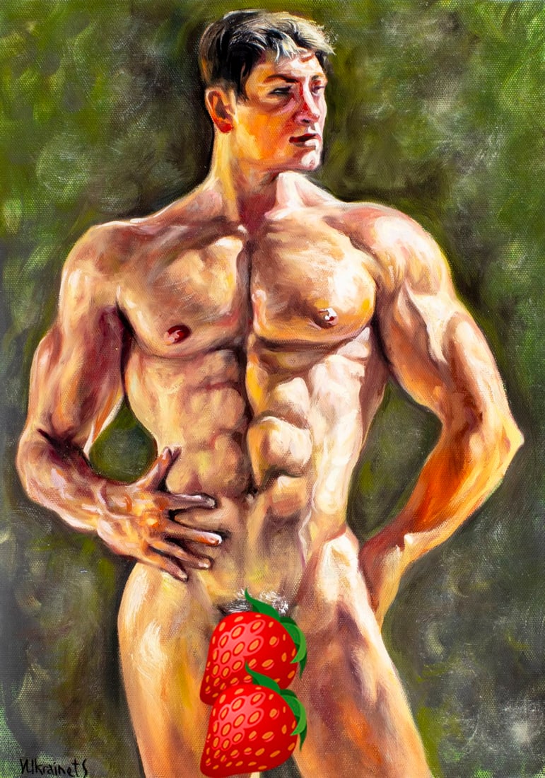 Valentin Ukrainets (Ukraine,b 1965) oil painting: ARTIST: Valentin Ukrainets (Ukrainian, born 1965) TITLE: Male Nude - Young Man (titled on verso) MEDIUM: oil on canvas CONDITION: Very good. No visible inpaint under UV ligh
