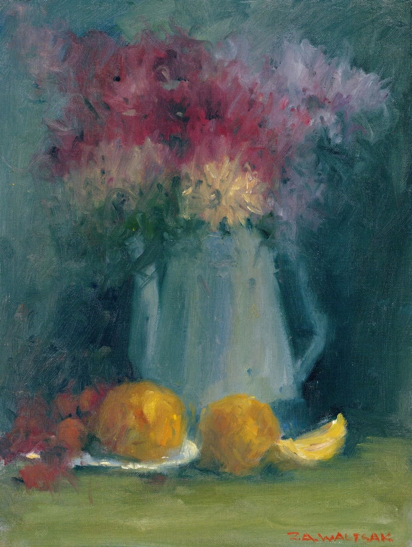 Robert Waltsak (NJ,b 1944) oil painting: ARTIST: Robert Alan Waltsak (New Jersey, born 1944) TITLE: Still Life with Vase of Flowers and Fruit MEDIUM: oil on canvas board CONDITION: Minor damages to the upper edge.