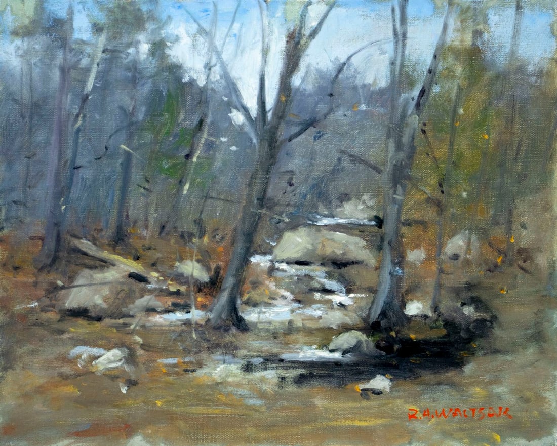 Robert Waltsak (NJ,b 1944) oil painting: ARTIST: Robert Alan Waltsak (New Jersey, born 1944) TITLE: Forest Stream Landscape MEDIUM: oil on canvas CONDITION: Missing a few flakes of paint along the upper edge. No vi